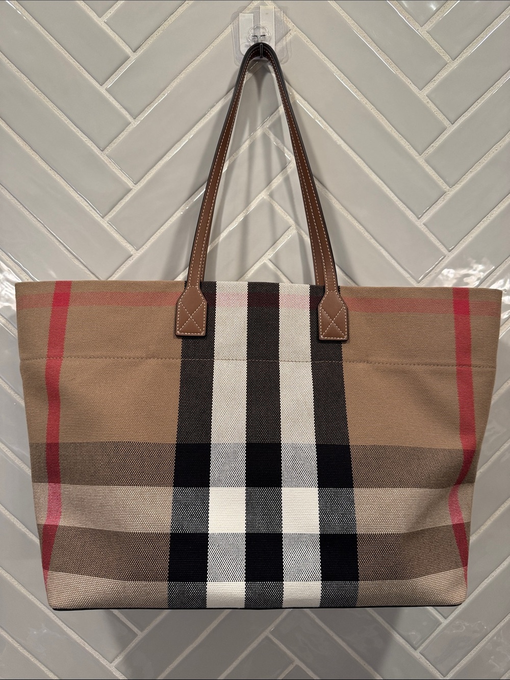 Burberry Tan Nova Check Canvas Tote with Black, White & Red Stripes